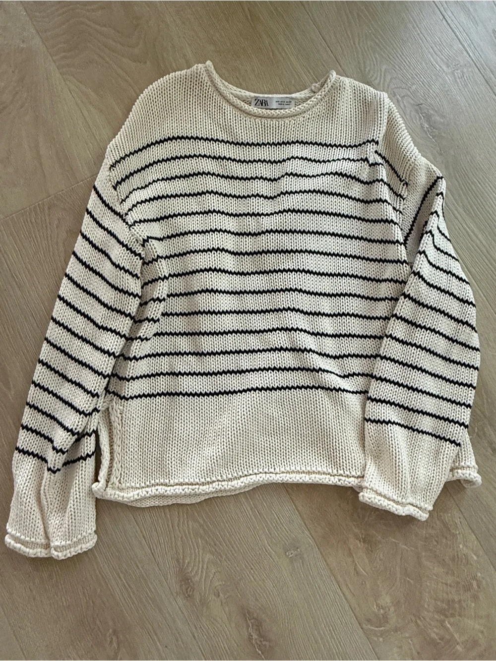 Zara Cream & Black Striped Crewneck Sweater